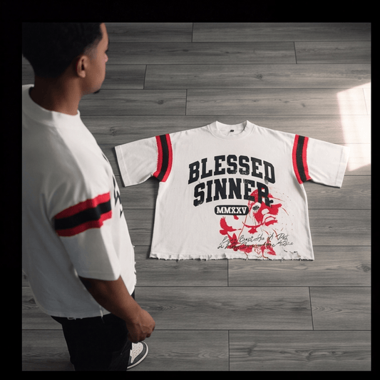 Blessed Sinner Varsity Tee — White/Red/Black - Blessed Sinner