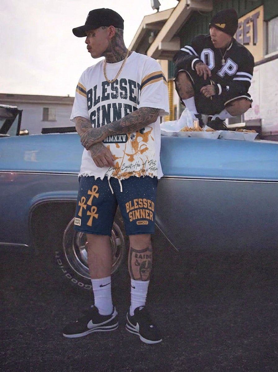 Blessed Sinner Varsity Tee — White/Navy/Orange - Blessed Sinner