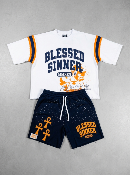 Blessed Sinner Navy Summer Set — Varsity Tee + Shorts