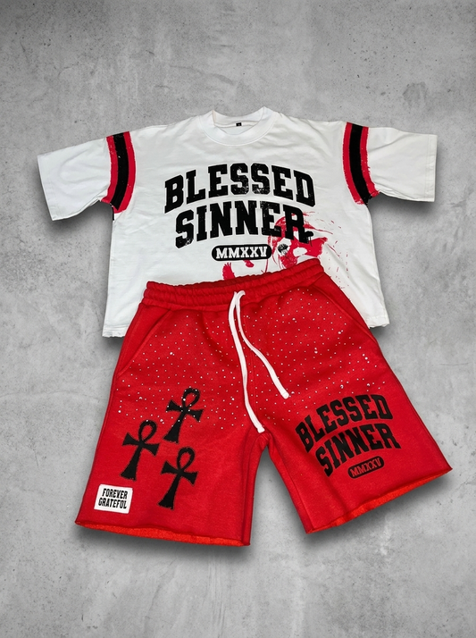Blessed Sinner Red Summer Set — Varsity Tee + Shorts