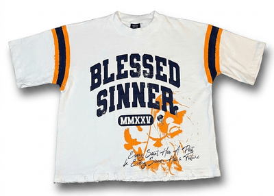 Blessed Sinner Varsity Tee — White/Navy/Orange