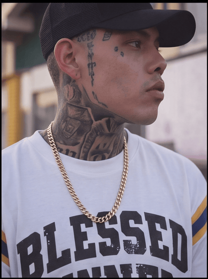 Blessed Sinner Varsity Tee — White/Navy/Orange - Blessed Sinner
