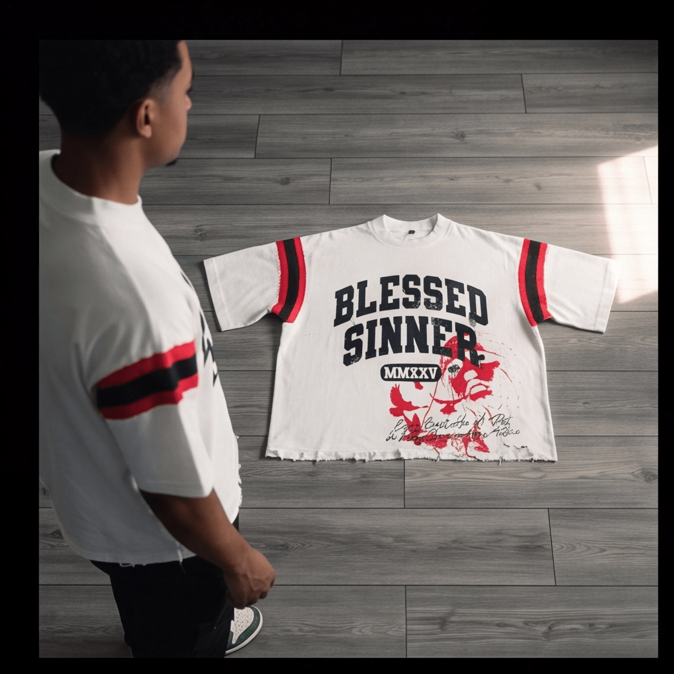Blessed Sinner Varsity Tee — White/Red/Black - Blessed Sinner