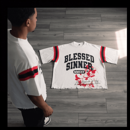 Blessed Sinner Varsity Tee — White/Red/Black - Blessed Sinner