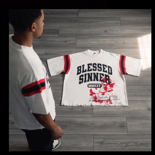 Blessed Sinner Varsity Tee — White/Red/Black