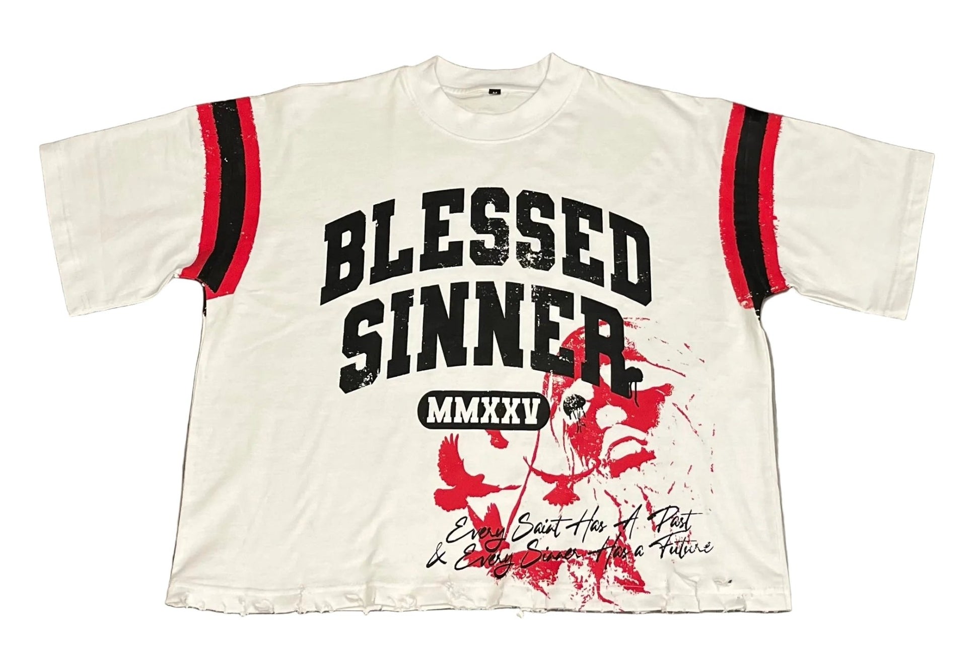Blessed Sinner Varsity Tee — White/Red/Black - Blessed Sinner