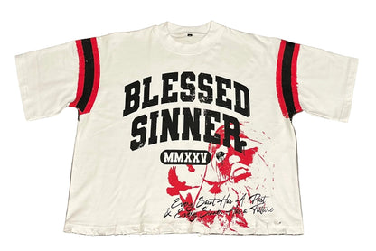 Blessed Sinner Varsity Tee — White/Red/Black - Blessed Sinner