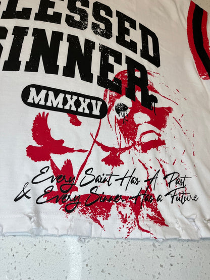 Blessed Sinner Varsity Tee — White/Red/Black - Blessed Sinner