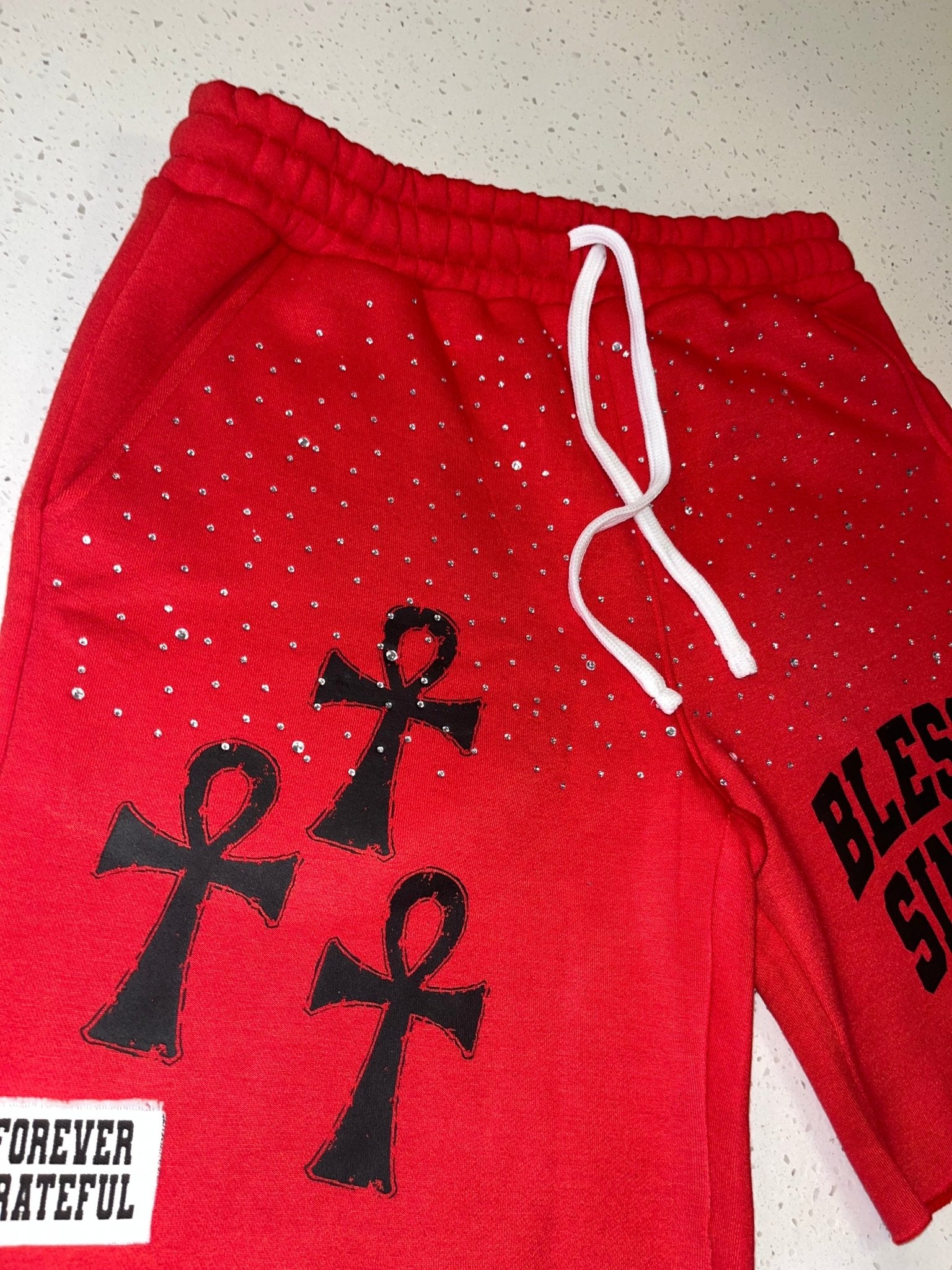 Red Summer Oversized Varsity Tee & Rhinestone Shorts Set - Blessed Sinner