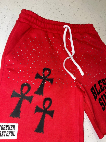 Red Summer Oversized Varsity Tee & Rhinestone Shorts Set - Blessed Sinner