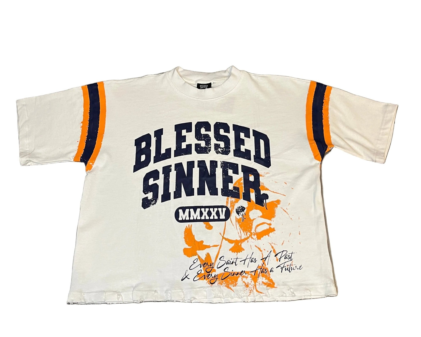 Blessed Sinner Varsity Tee — White/Navy/Orange - Blessed Sinner