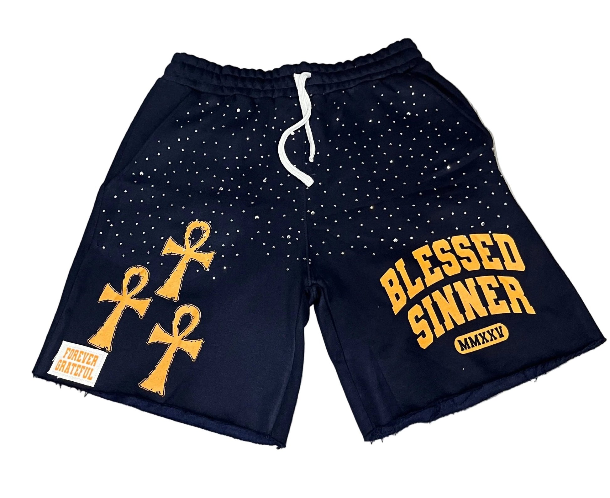 Rhinestones Fleece Shorts — Navy/Orange - Blessed Sinner