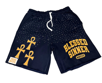 Rhinestones Fleece Shorts — Navy/Orange - Blessed Sinner