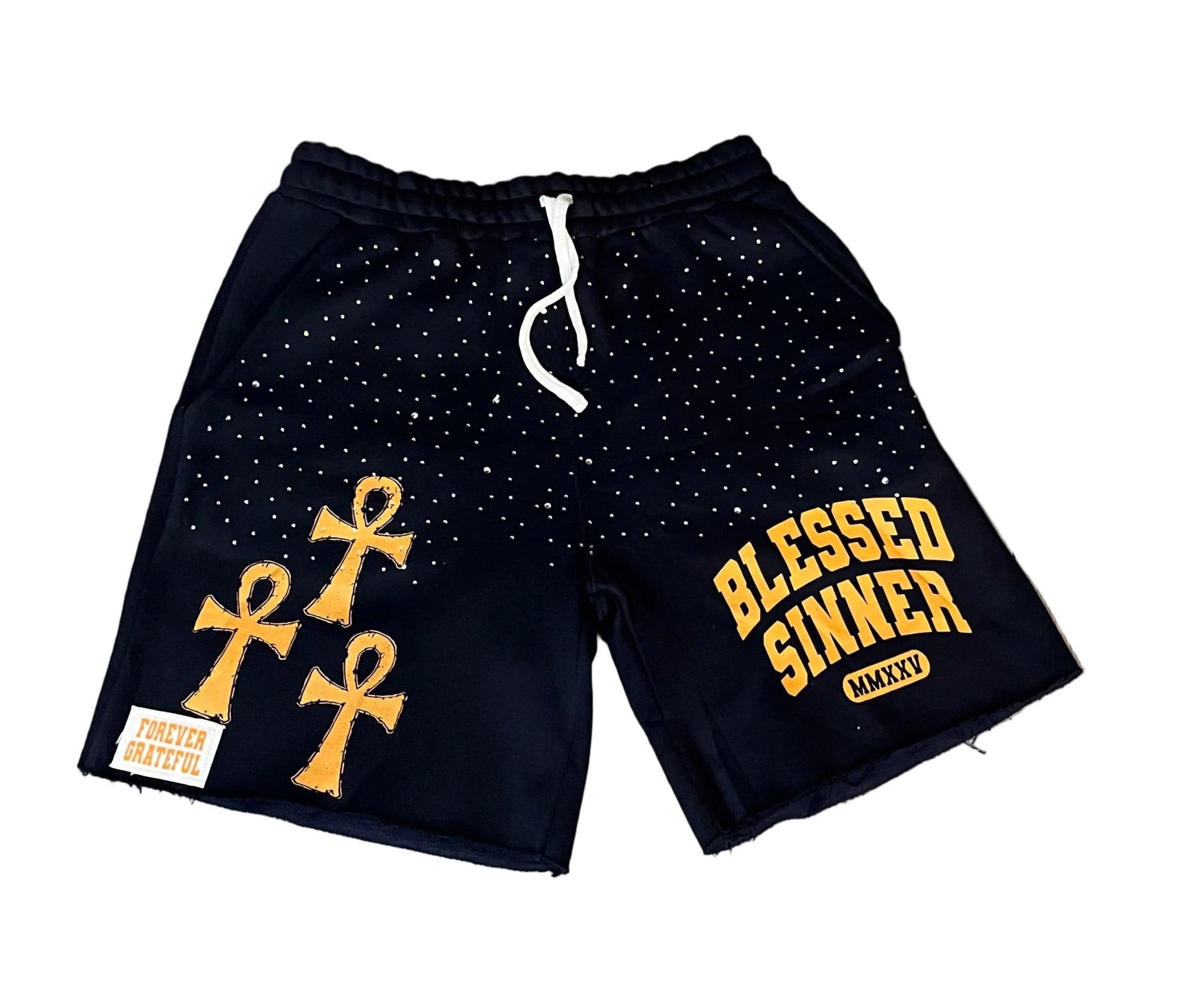 Rhinestones Fleece Shorts — Navy/Orange - Blessed Sinner