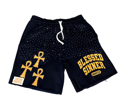 Rhinestones Fleece Shorts — Navy/Orange - Blessed Sinner