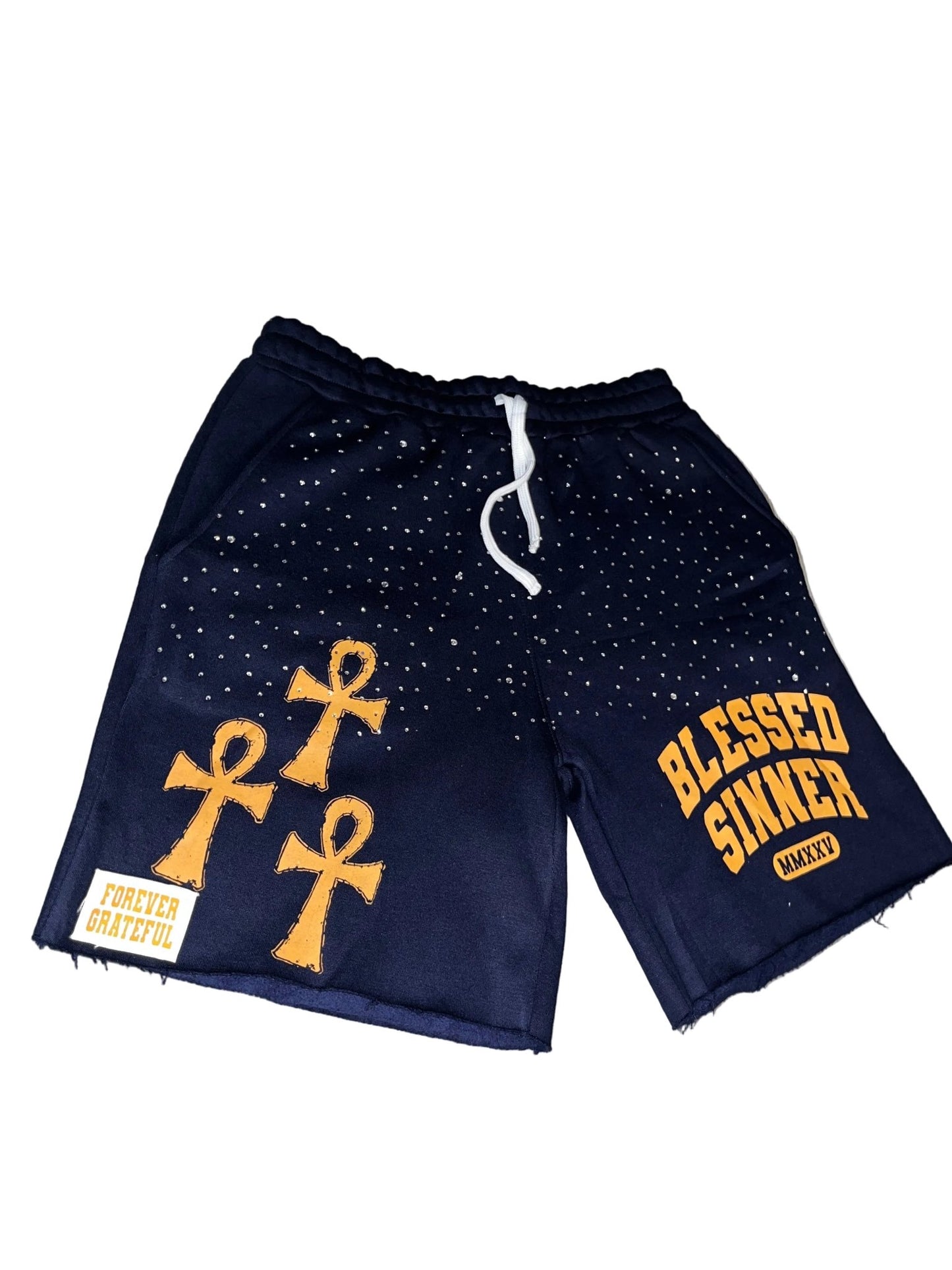 Rhinestones Fleece Shorts — Navy/Orange - Blessed Sinner