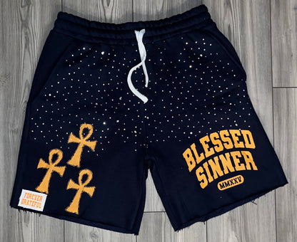 Rhinestones Fleece Shorts — Navy/Orange - Blessed Sinner