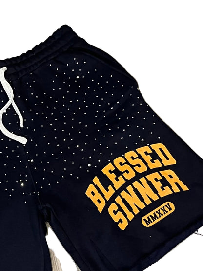 Rhinestones Fleece Shorts — Navy/Orange - Blessed Sinner