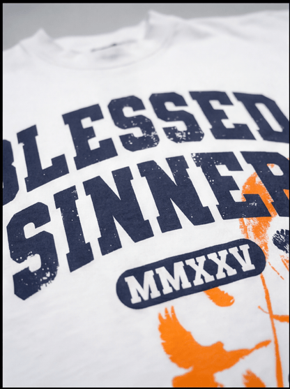 Blessed Sinner Varsity Tee — White/Navy/Orange - Blessed Sinner
