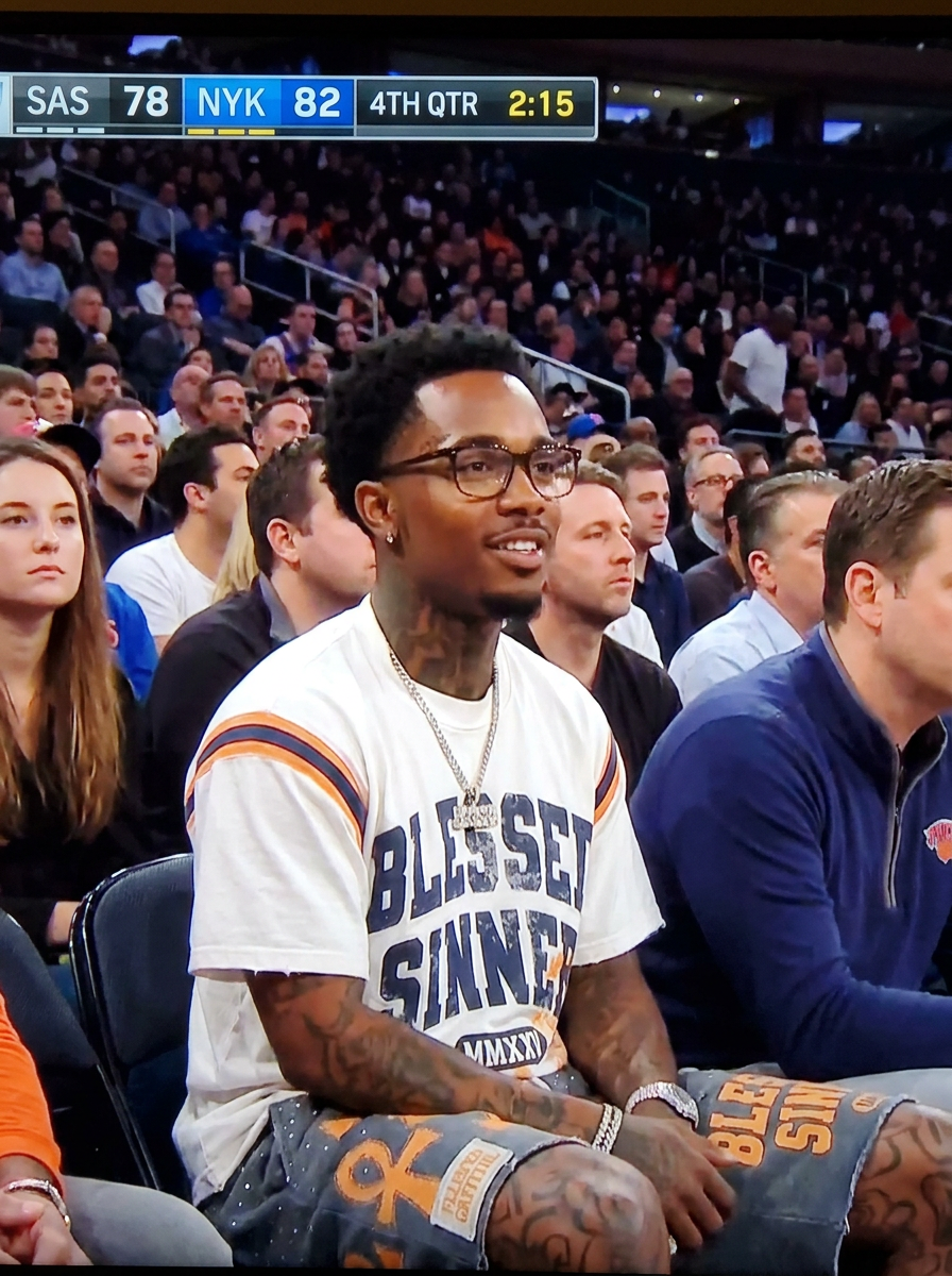 Blessed Sinner Varsity Tee — White/Navy/Orange