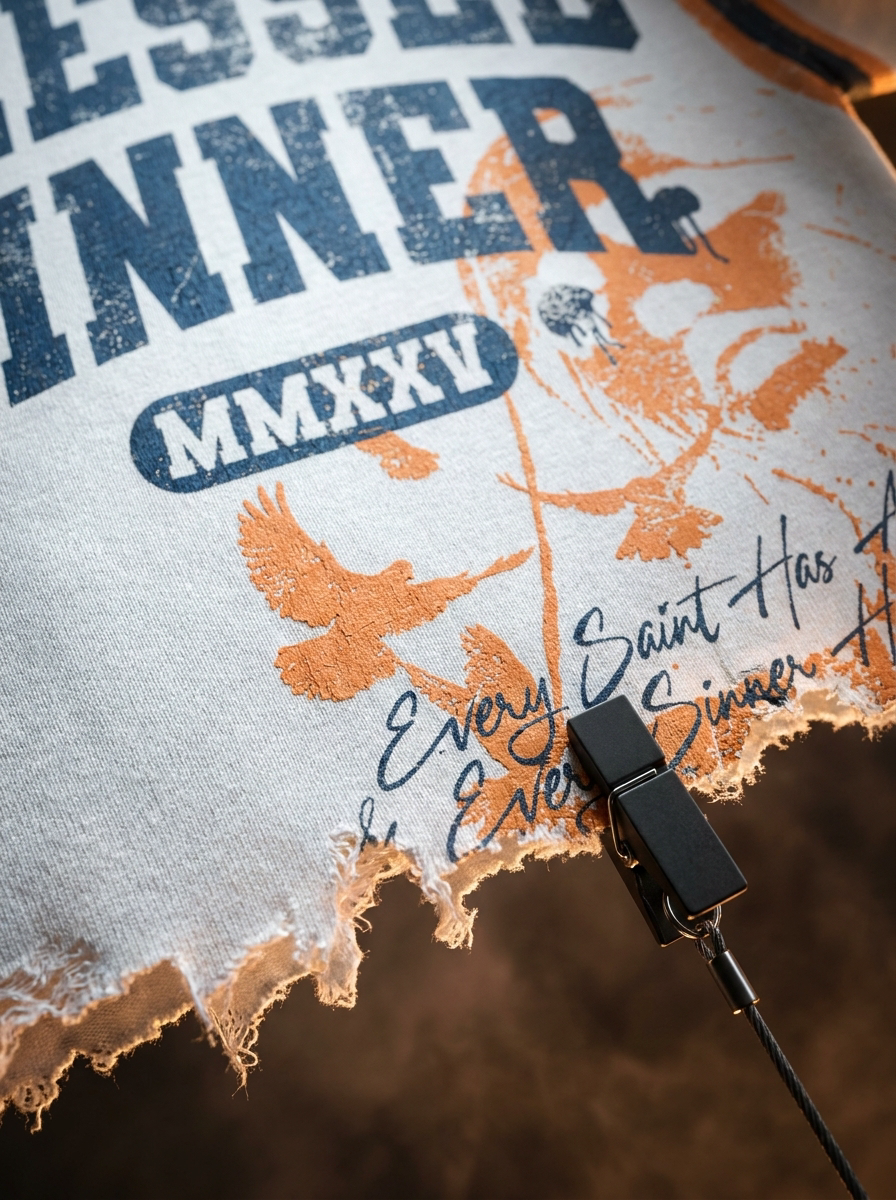 Blessed Sinner Varsity Tee — White/Navy/Orange