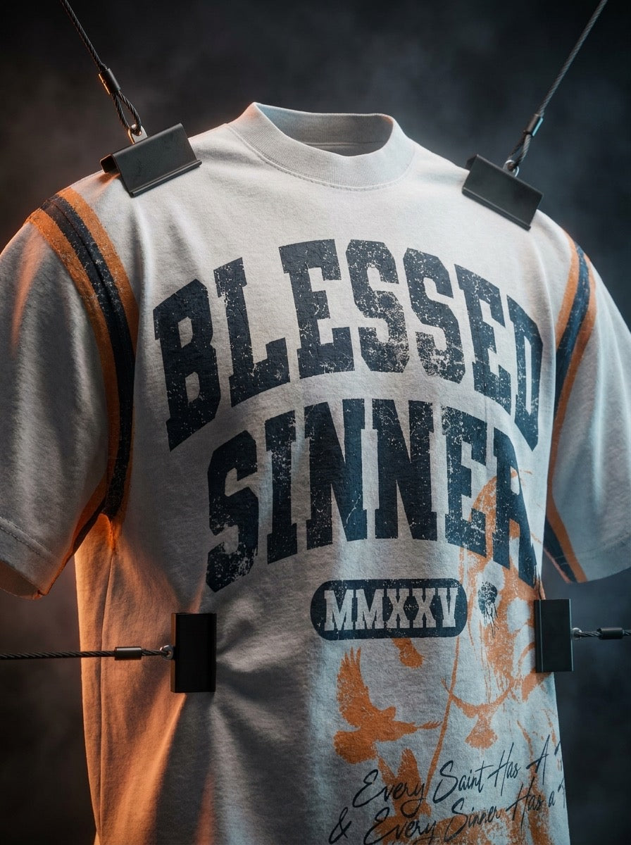 Blessed Sinner Varsity Tee — White/Navy/Orange