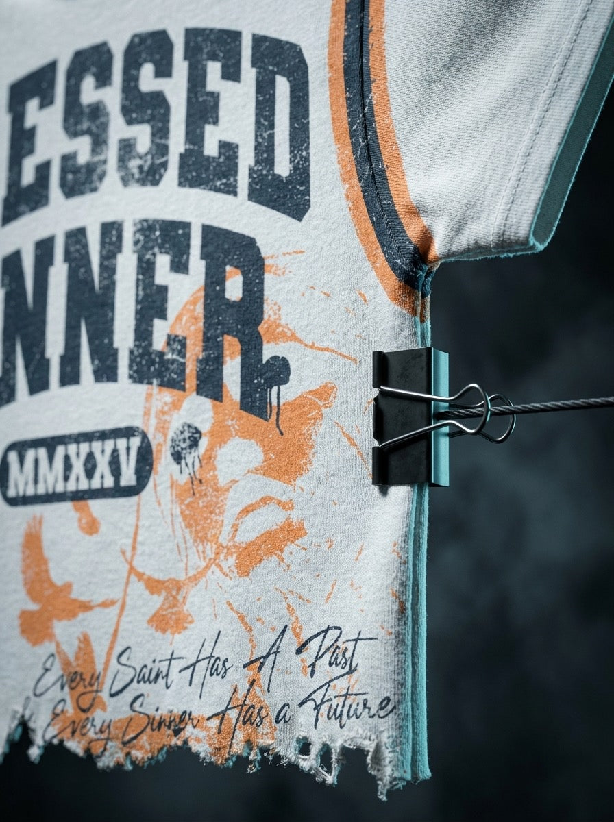 Blessed Sinner Varsity Tee — White/Navy/Orange
