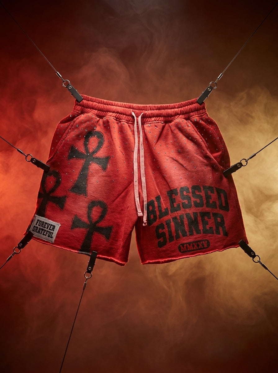 Blessed Sinner Rhinestone Shorts — Red