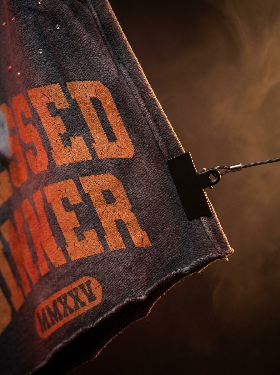 Blessed Sinner Distressed Shorts — Navy/Orange