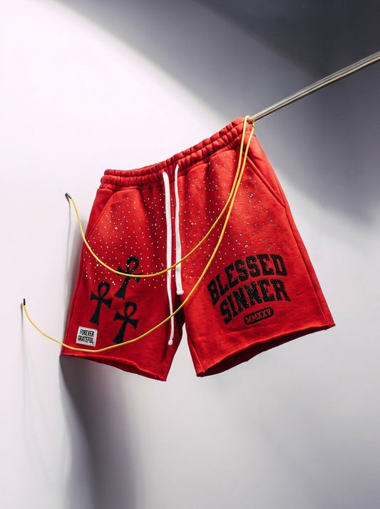 Blessed Sinner Rhinestone Shorts — Red