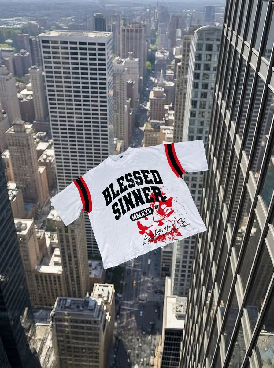 Blessed Sinner Varsity Tee — White/Red/Black