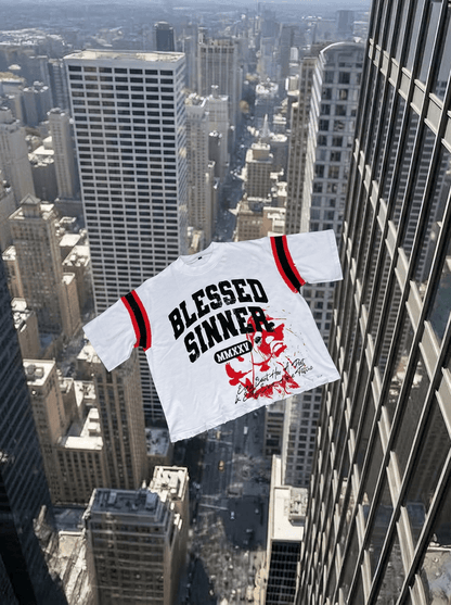 Blessed Sinner Varsity Tee — White/Red/Black - Blessed Sinner