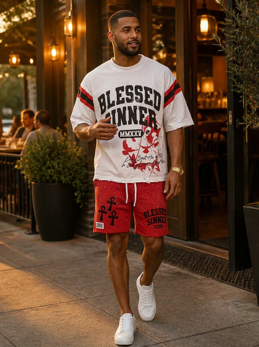 Blessed Sinner Varsity Tee — White/Red/Black