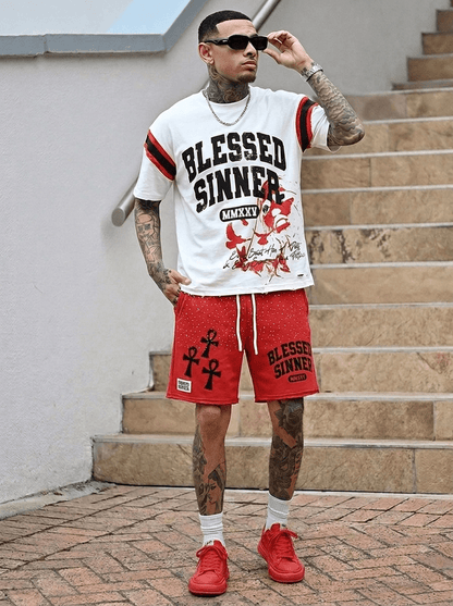 Red Summer Oversized Varsity Tee & Rhinestone Shorts Set - Blessed Sinner