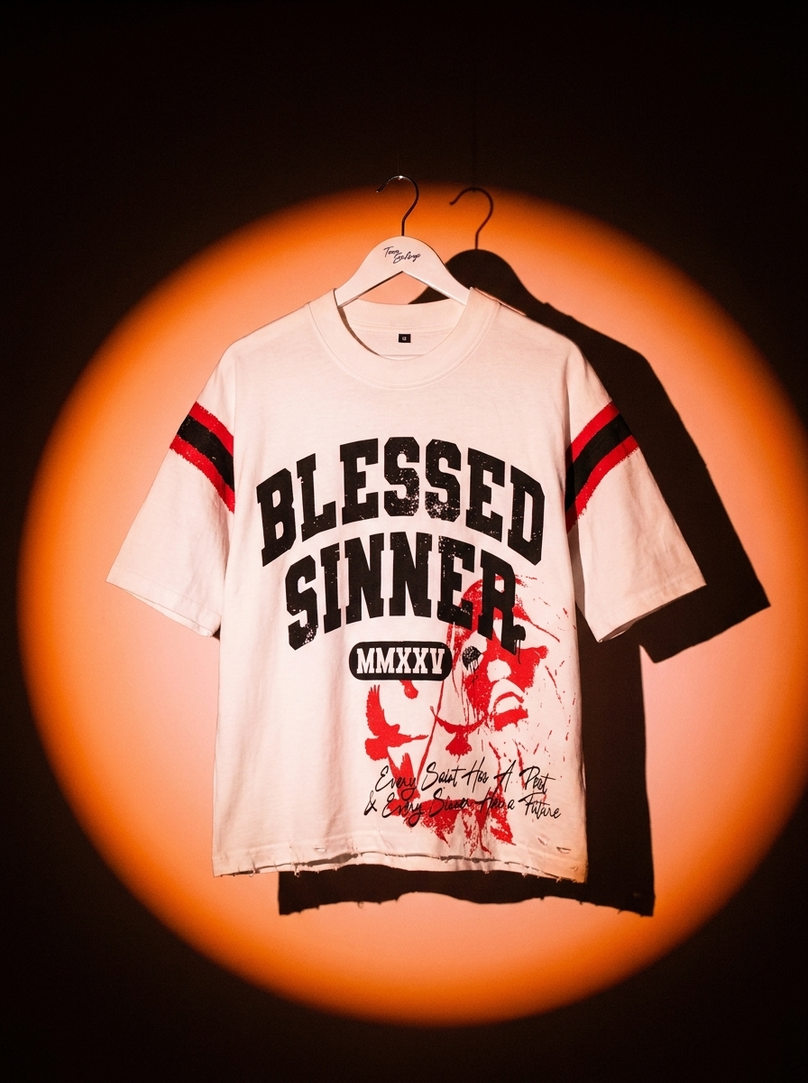 Blessed Sinner Varsity Tee — White/Red/Black