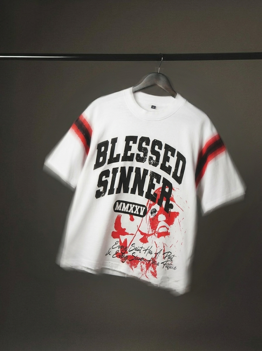 Blessed Sinner Varsity Tee — White/Red/Black