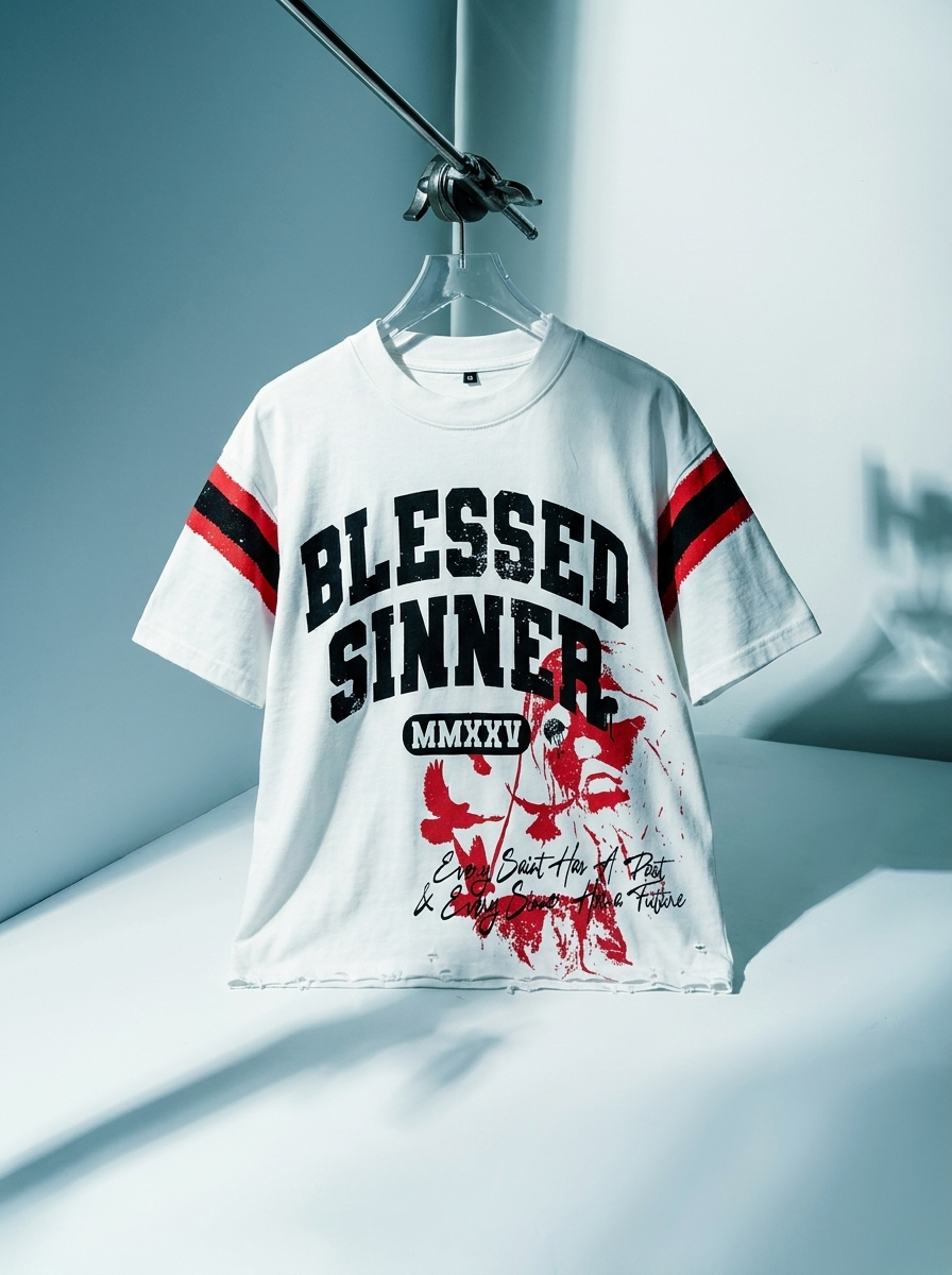 Blessed Sinner Varsity Tee — White/Red/Black