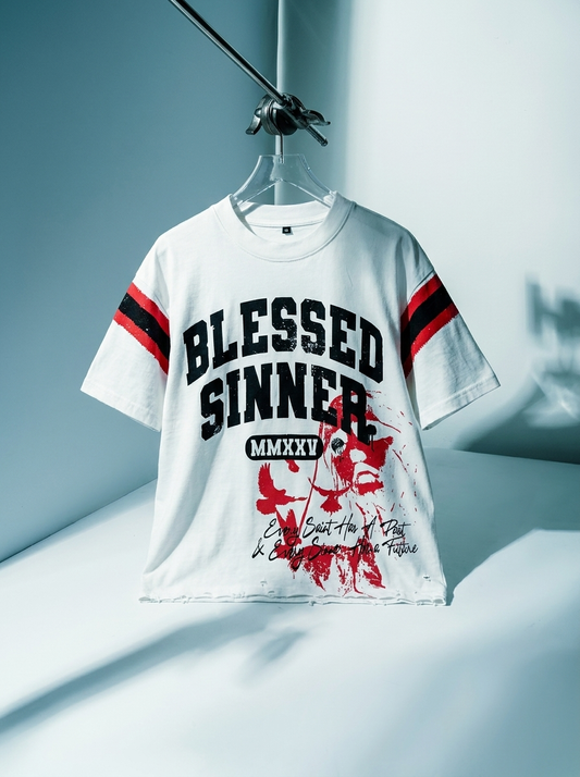 Blessed Sinner Varsity Tee — White/Red/Black