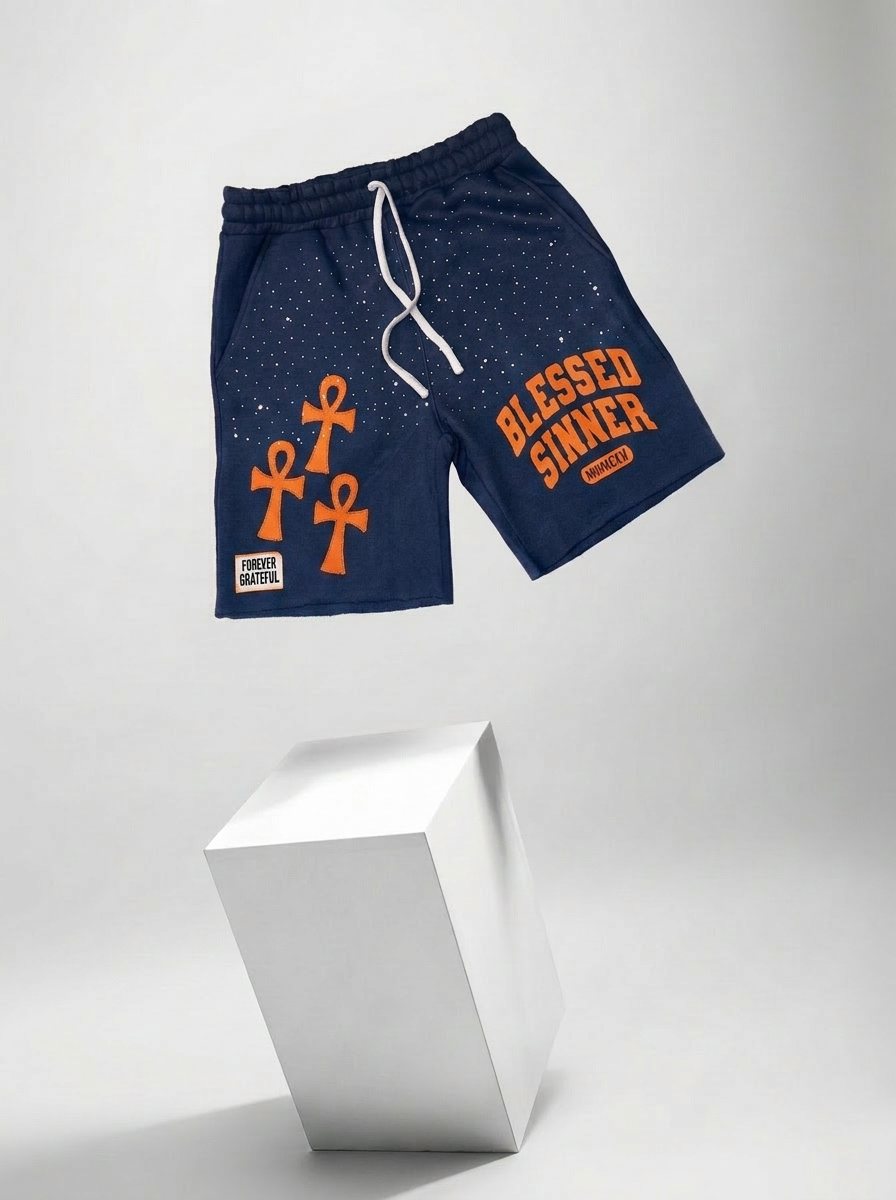 Blessed Sinner Distressed Shorts — Navy/Orange