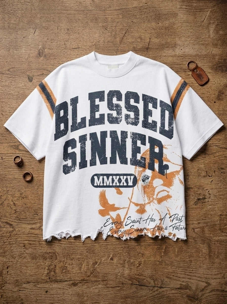 Blessed Sinner Varsity Tee — White/Navy/Orange