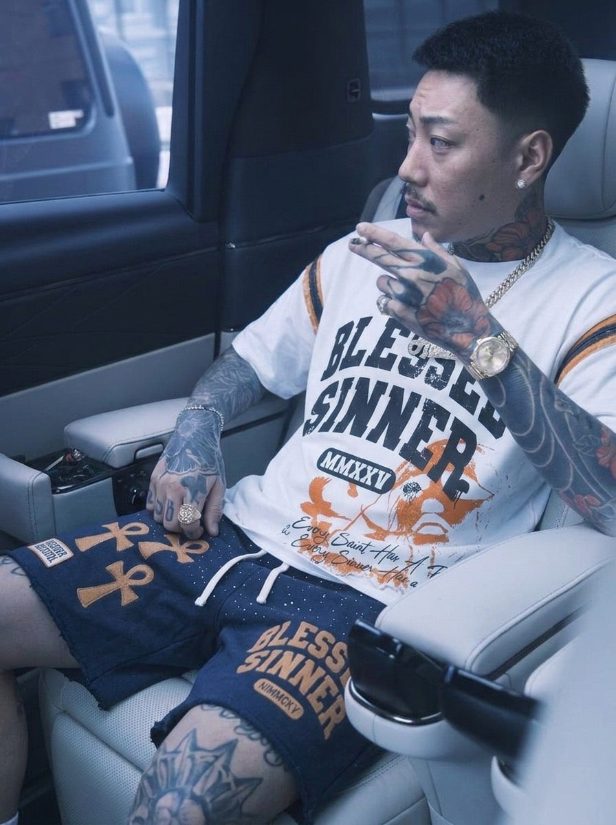 Blessed Sinner Navy Summer Set — Varsity Tee + Shorts