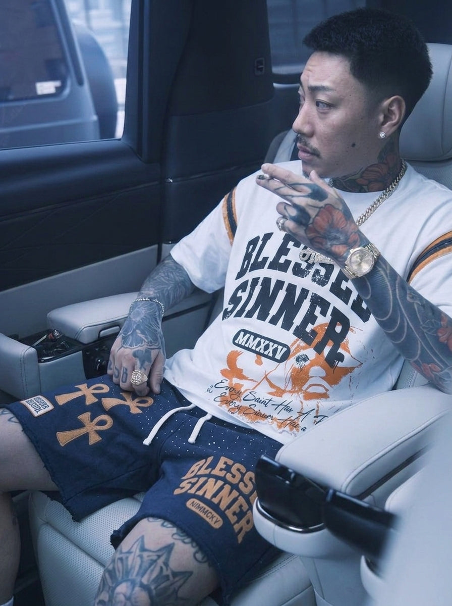 Blessed Sinner Distressed Shorts — Navy/Orange