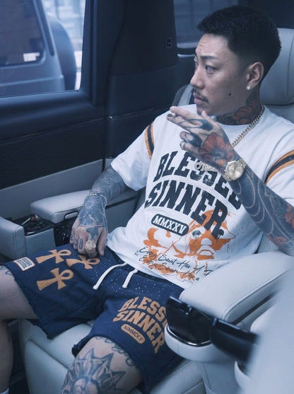 Rhinestones Fleece Shorts — Navy/Orange - Blessed Sinner