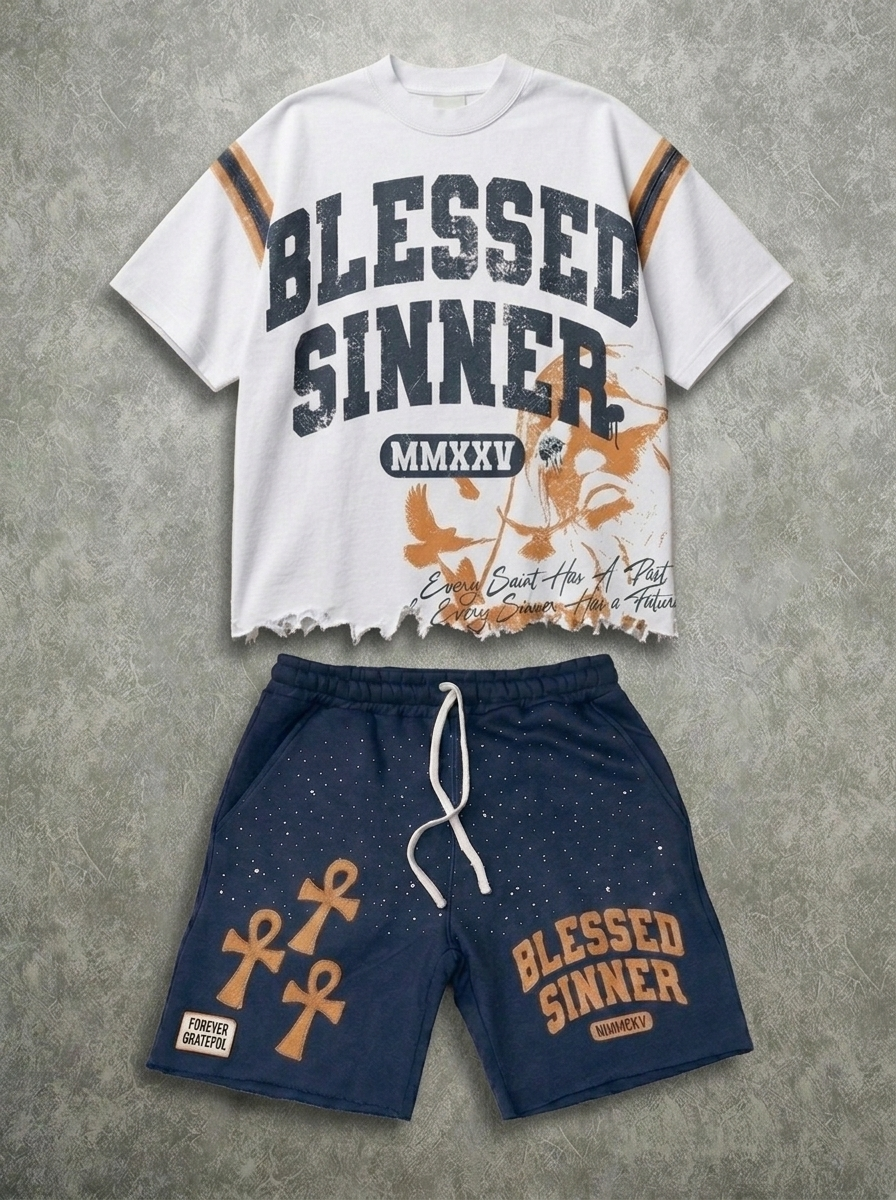 Blessed Sinner Navy Summer Set — Varsity Tee + Shorts