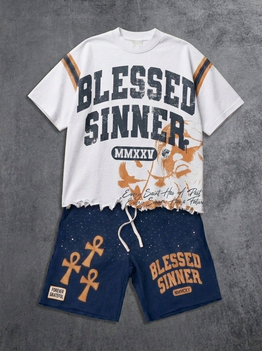 Blessed Sinner Varsity Tee — White/Navy/Orange