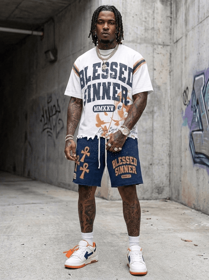 Rhinestones Fleece Shorts — Navy/Orange - Blessed Sinner