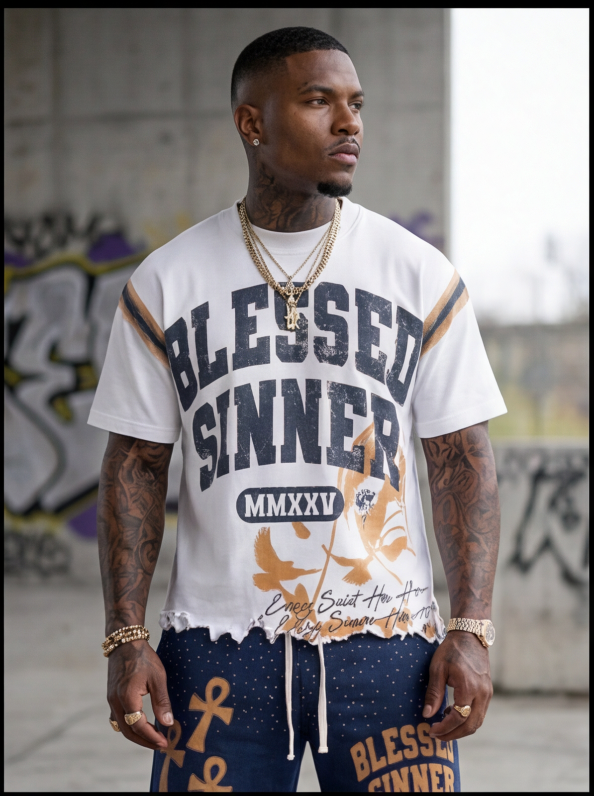Blessed Sinner Distressed Shorts — Navy/Orange