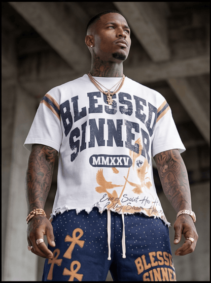 Rhinestones Fleece Shorts — Navy/Orange - Blessed Sinner