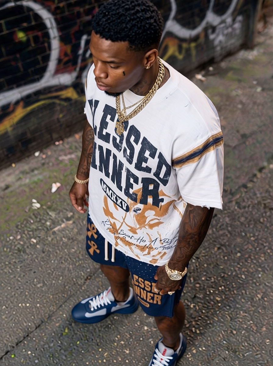 Blessed Sinner Navy Summer Set — Varsity Tee + Shorts