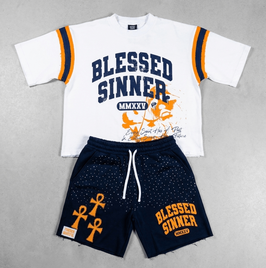 Navy Summer Set – Oversized Varsity Tee & Distressed Shorts - Blessed Sinner